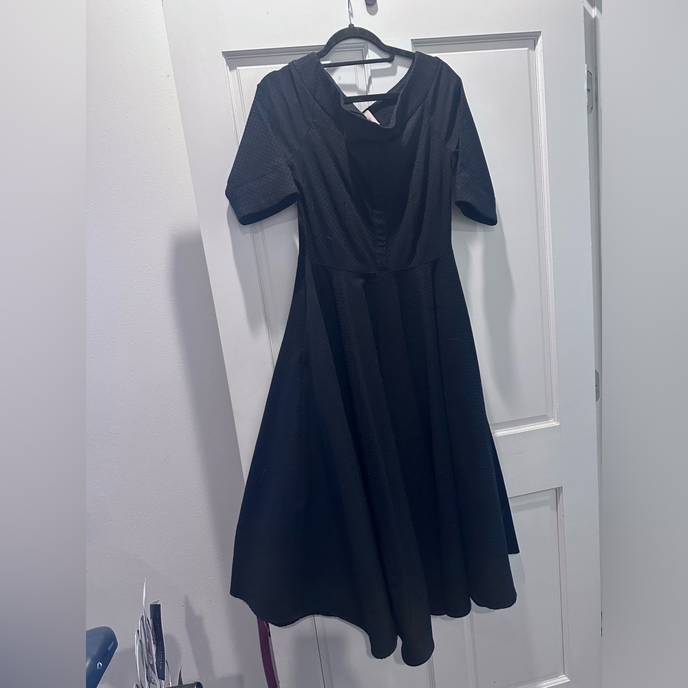 Mary Orton x BURU off shoulder black midi dress.
